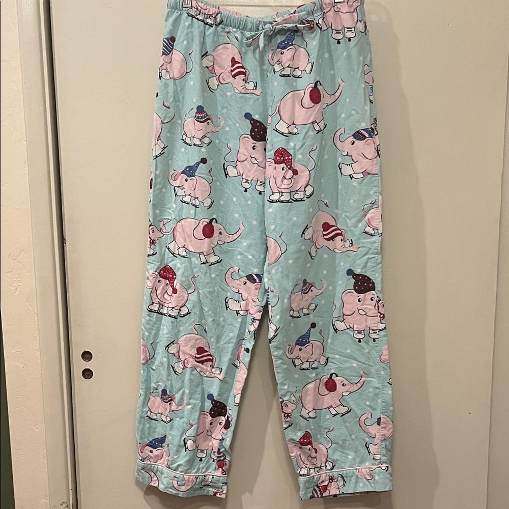 Nick & Nora Light Blue Elephant’s Ice Skating Print Cotton Pajama Pants Medium